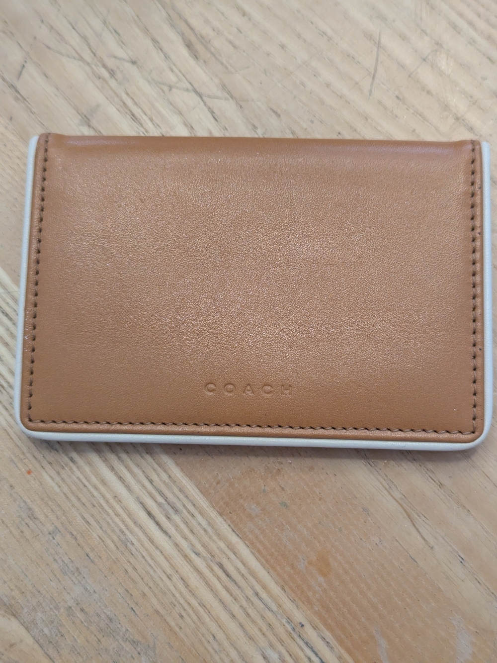 Coach Leather Card & Key Holder in Tan with White Trim